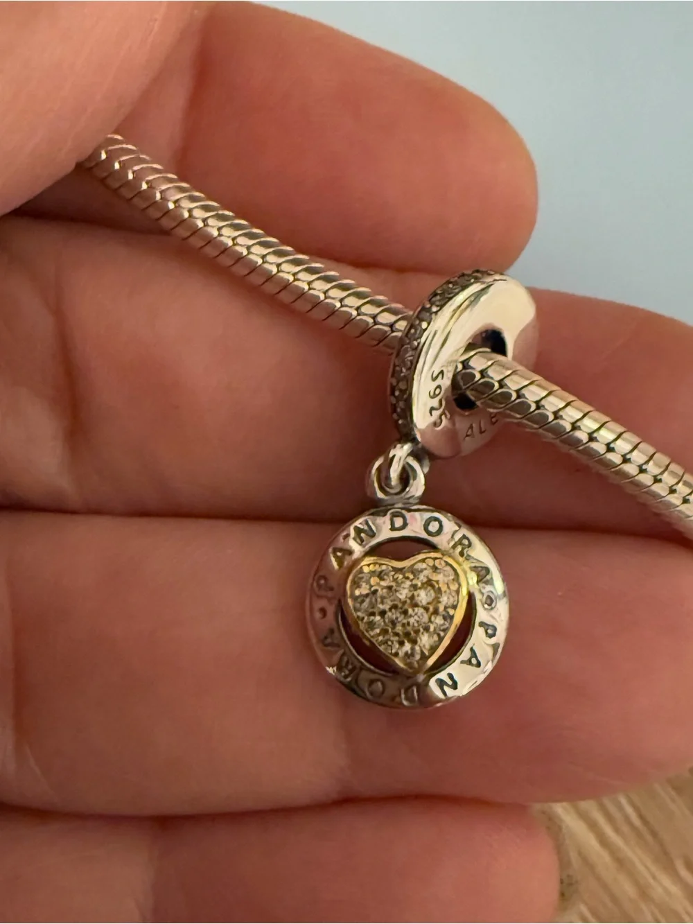 Pandora Two-Tone Heart Dangle Charm in Silver and Gold - Picture 2 of 11